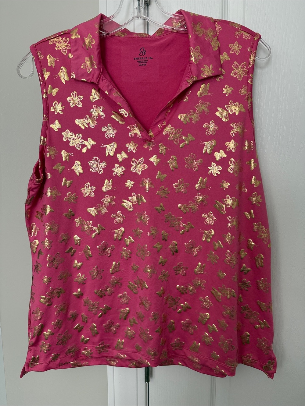 Emerald Sleeveless Fuchsia Tank with Gold Floral Print size L